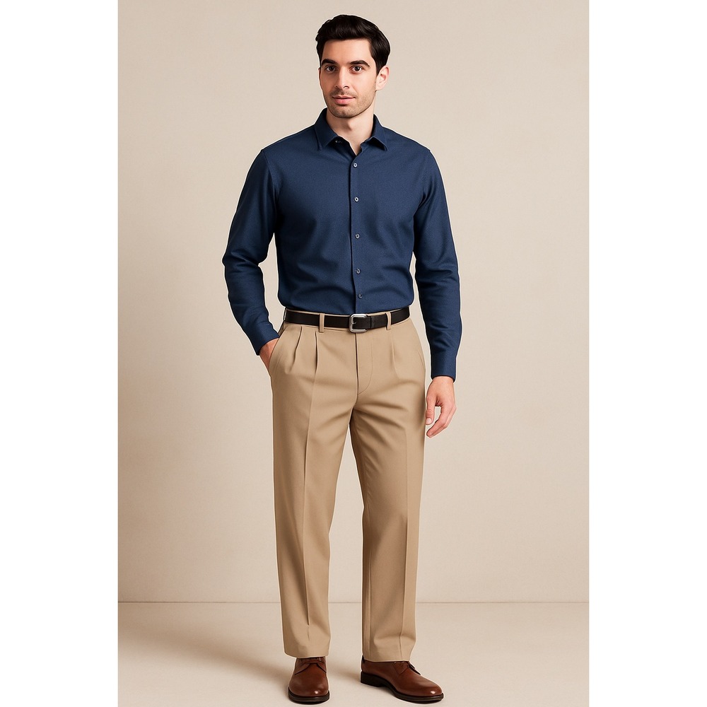 Crazy Horse Mens Tan Pleated Dress‎ Khaki Cuffed Classic Fit Trousers Old Money